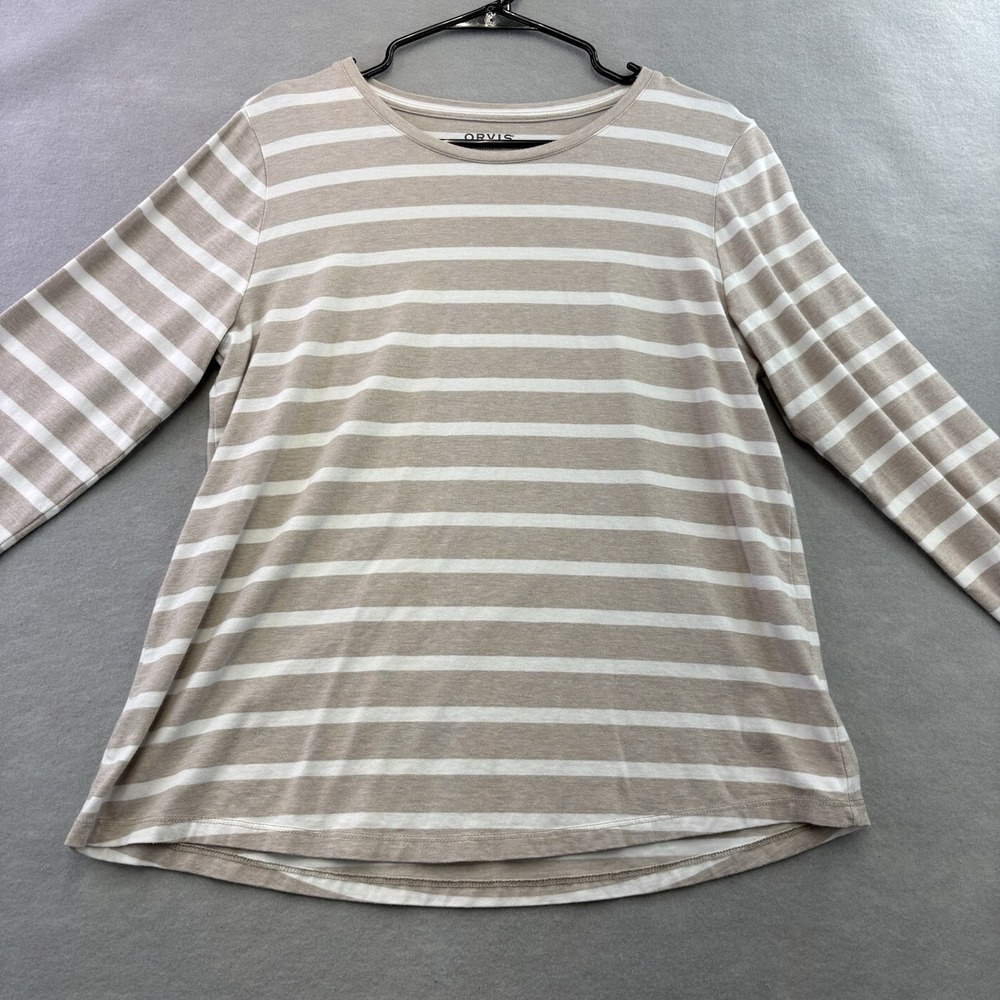ORVIS Perfect Tee Classic Fit Womens Sz L Brown White Stripe Long Sleeve Casual